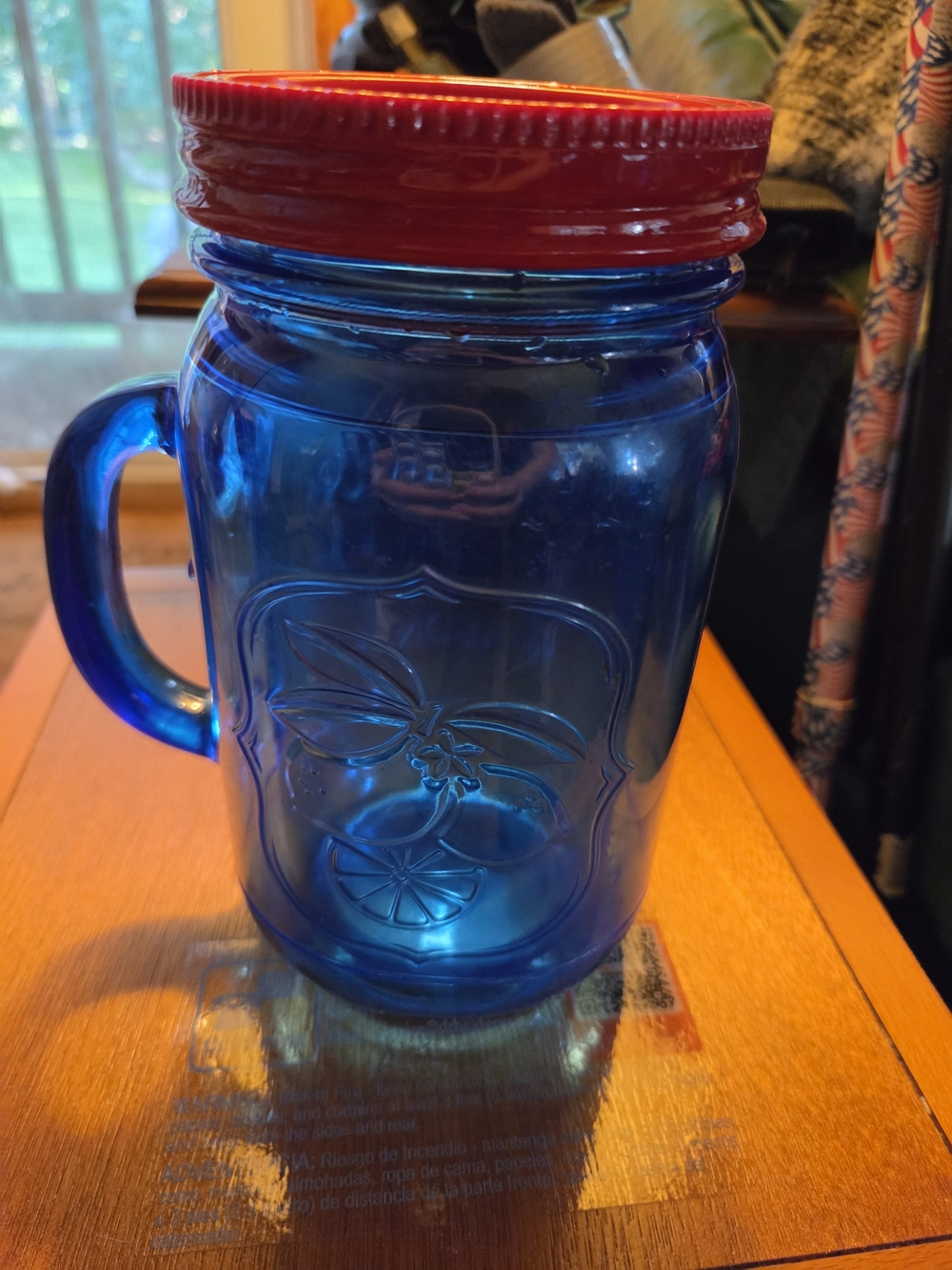 Blue Plastic Aladdin Mason-Style Drinking Mug with Red Lid Metal Lid Big